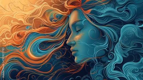 A painting of a beautiful woman with colorful wavy and loose hair with a serenity and elegance colorful concept. photo