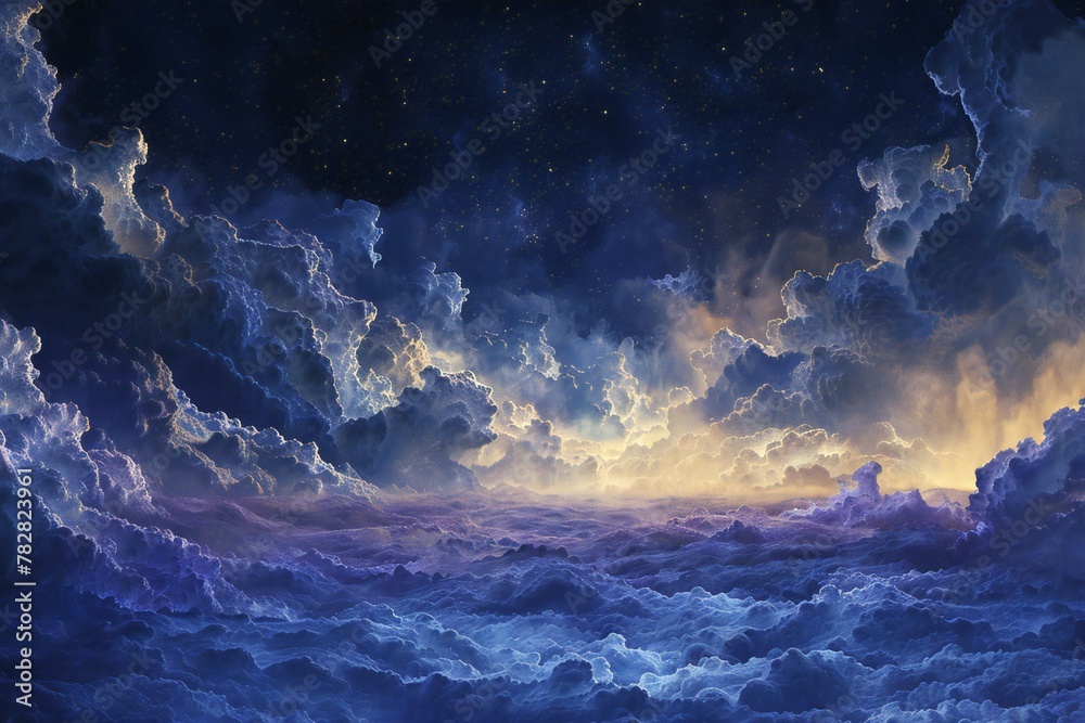 Fantasy landscape with clouds and starry sky