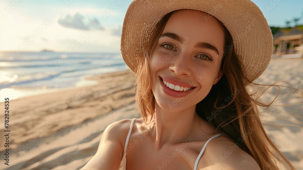 Close up of cheerful young girl in summer hat taking a selfie at the beach.