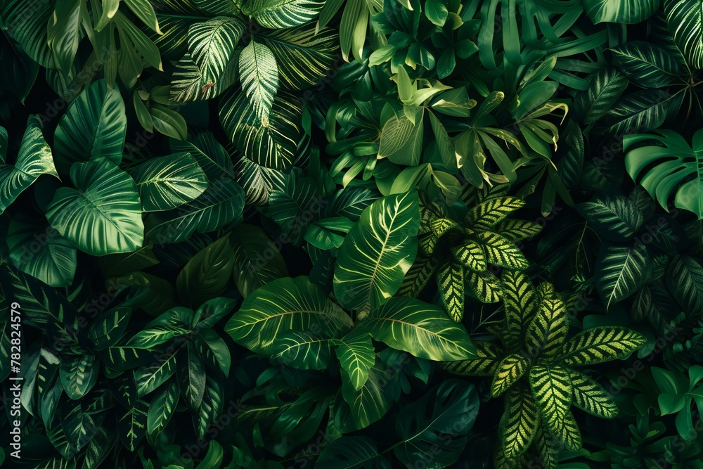 Green leaves background,  Tropical leaves background,  Top view,  Copy space