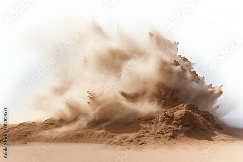 : A powerful depiction of dry soil erupting in a dramatic explosion, with particles suspended in mid-air against a clean white surface, illustrating the impact of drought and land degradation on vulne