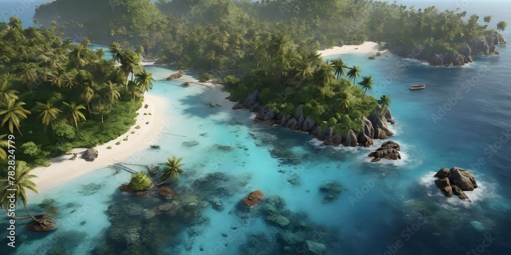 summer travel isolated Lush Tropical Island with Palm Trees and Sandy Beach