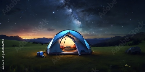 A brightly colored camping tent set up with a starry night sky above summer adventure activates  photo