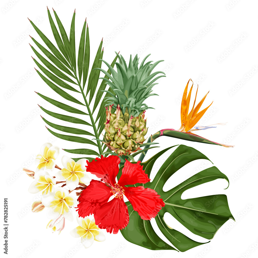 Φωτογραφία Summer tropical bouquet with red hibiscus flowers, strelitzia, plumeria, pineapple, monstera and palm leaves