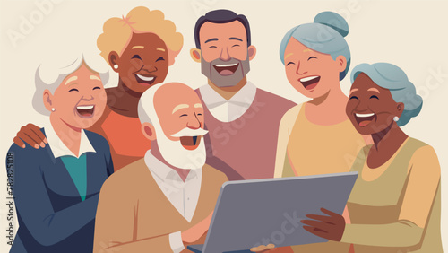 A group of older adults laughing and sharing tips while learning how to use social media to stay connected with loved ones.