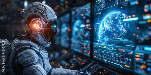 At the space station, a robotic astronaut in a spacesuit sits in front of a control panel, on the screen of which a planet is depicted. An alien creature is watching the planet. Space technology