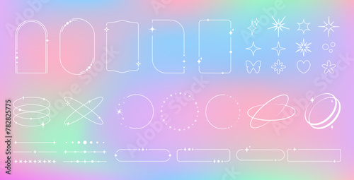 Modern minimalist aesthetic line frames and trendy shapes with stars set. Y2K holographic background with design elements.