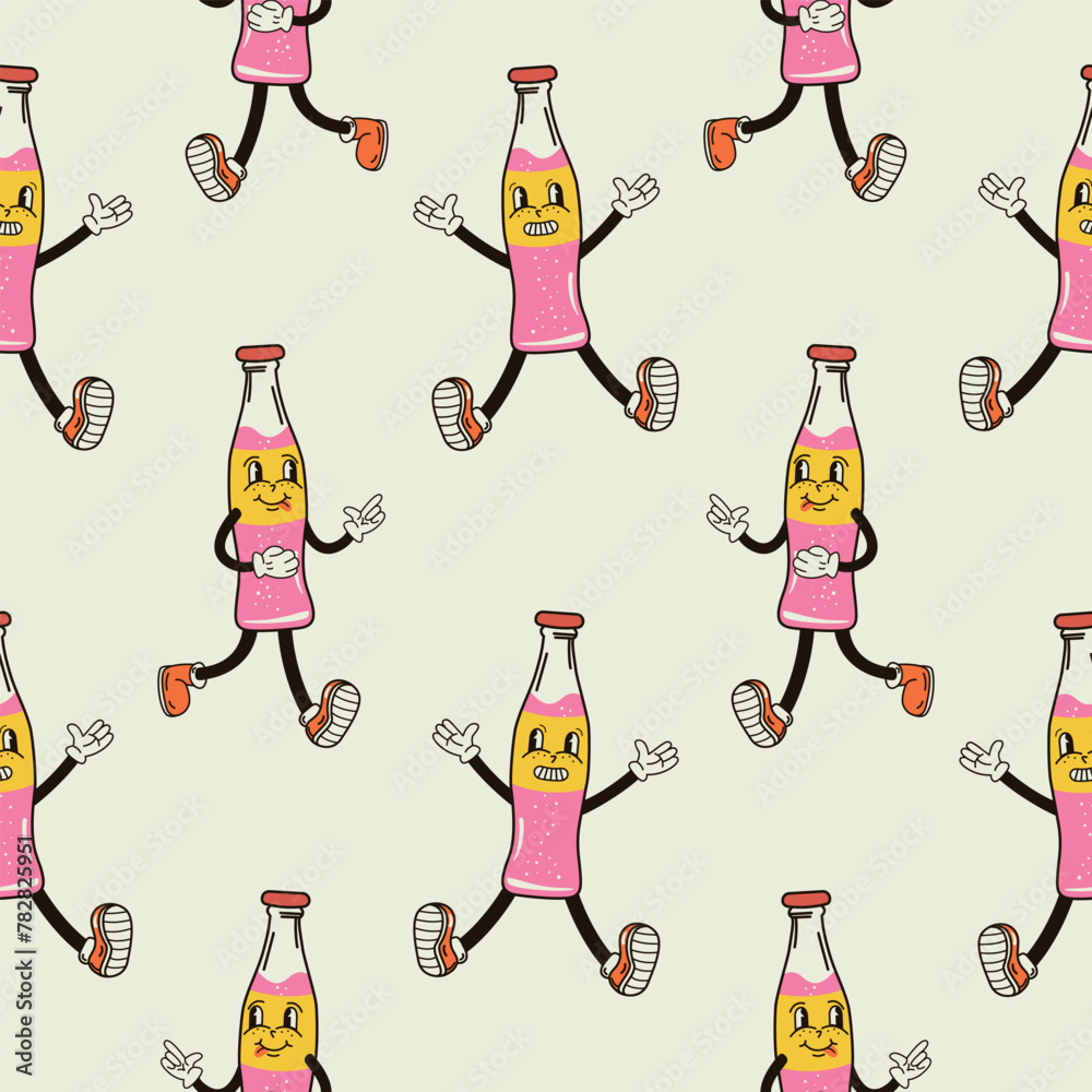 A seamless pattern with a funny cute a bottle of soda character in a groovy style vector illustration - obrazy, fototapety, plakaty 