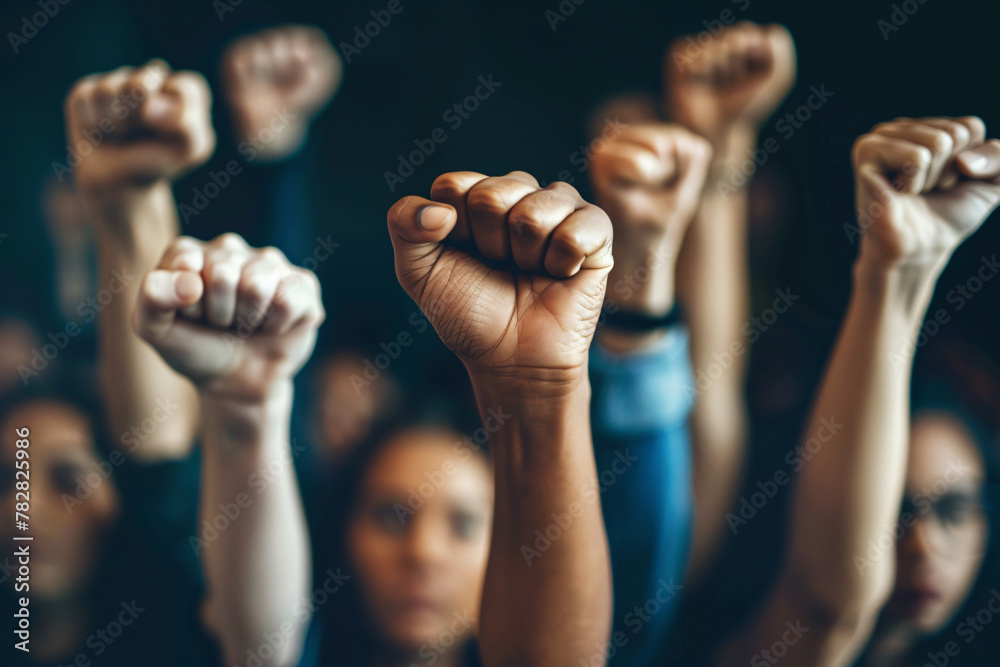 protest and demonstration concept - people holding hands up in fists over black protest and demonstration concept - people holding hands up in fists over black