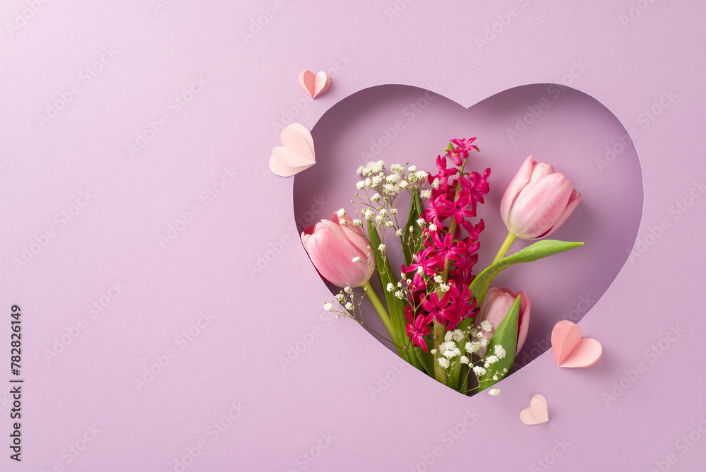 Celebrate Mom: Top view of tulips, hyacinth, gypsophila, and paper hearts framed in heart cutout on pastel violet. Ideal for heartfelt messages or promotional content, leaving space for customization - obrazy, fototapety, plakaty 