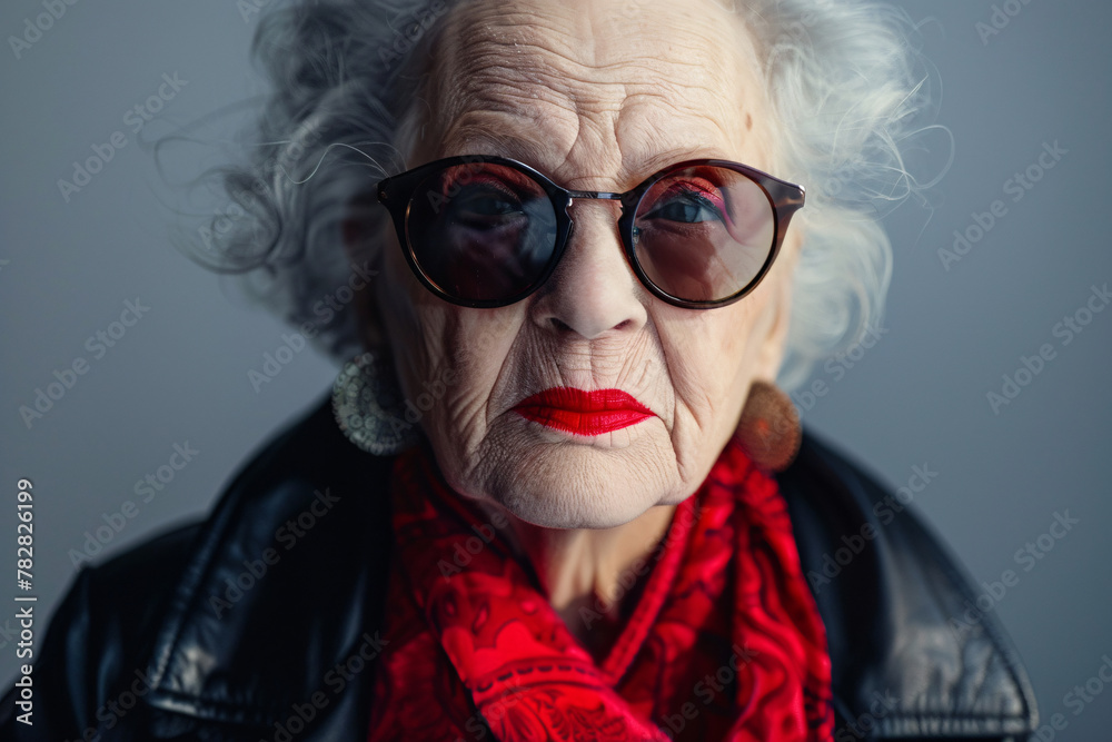 portrait of elderly woman in sunglasses with red lips over gray background portrait of elderly woman in sunglasses with red lips over gray background