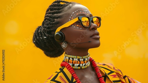 African Woman with Traditional Face Paint and Modern Headset