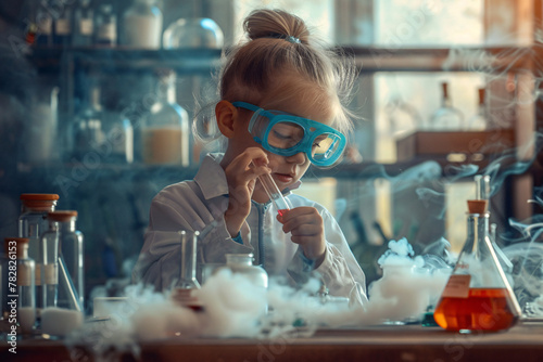 cute little girl scientist doing experiments in modern laboratory photo