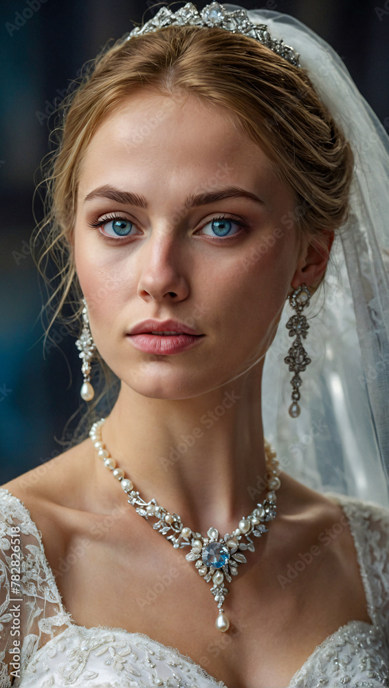 Stunning bride with light blue eyes wearing a beautiful white wedding dress and pearl earrings and necklace
