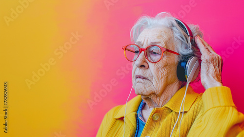Studio portrait of eccentric elderly woman listening to music on headphones isolated on pink and yellow background © Alexander