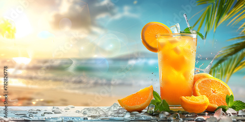 Glass of orange juice with straw and ice with orange slices on background of sea and palm tree Fruit smoothie on summer beach Orange Juice Splash Tropical Scene In Beach