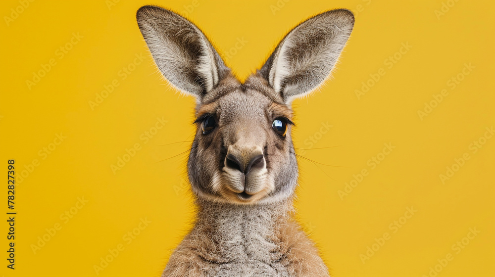Studio portrait of surprised kangaroo, isolated on yellow background