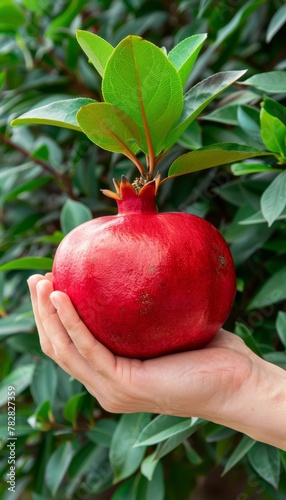 Hand holding ripe pomegranate on blurred background with space for text placement