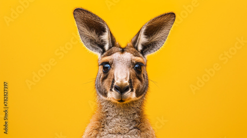 Studio portrait of surprised kangaroo, isolated on yellow background