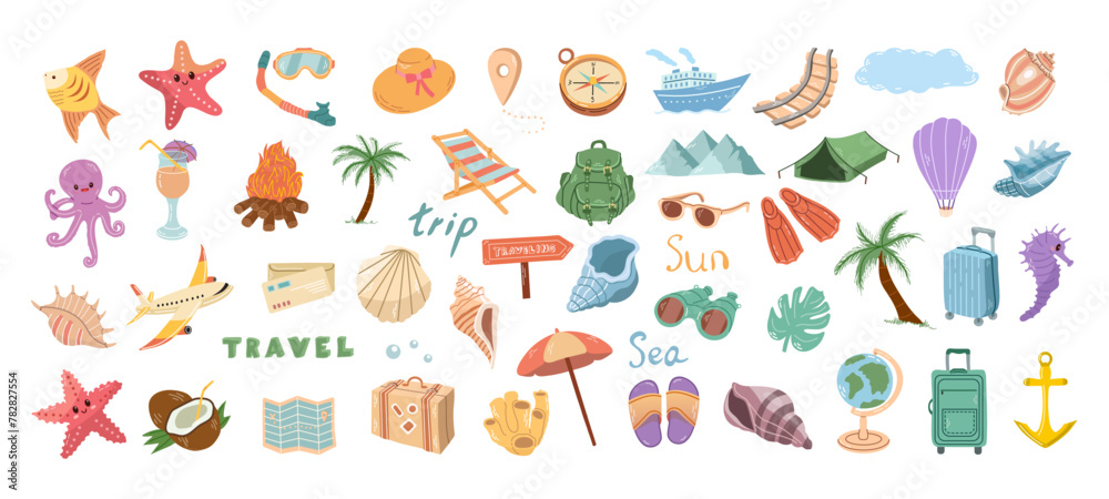 Cute hand drawn set of travel icons. Tourism and camping adventure icons. Сlipart with travelling elements, bags, transport, camera, map, palm, seashells.
