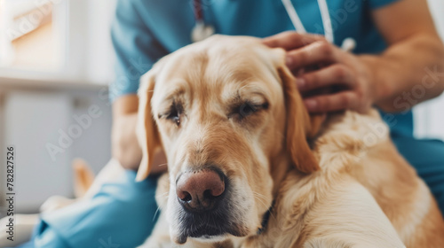 Veterinarian Comforting a Golden Retriever Dog