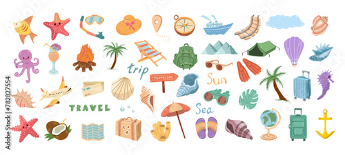Cute hand drawn set of travel icons. Tourism and camping adventure icons.   lipart with travelling elements  bags  transport  camera  map  palm  seashells.
