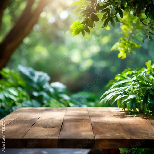 table in the garden.an empty natural wood table nestled amidst lush greenery and dappled sunlight  creating a peaceful retreat in the heart of nature. The rustic charm of the brown tabletop provides a