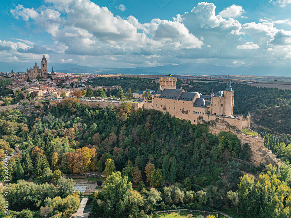 Aerial view of the Alcazar de Segovia, a castle in Spain.