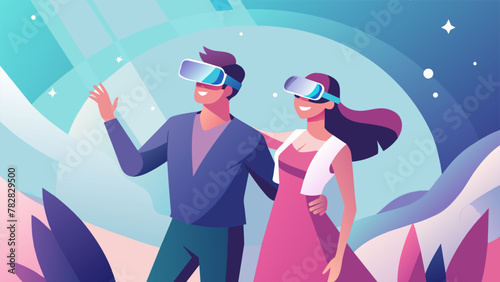 A couple happily holding hands as they navigate a virtual reality experience amazed at the endless possibilities for learning and exploration