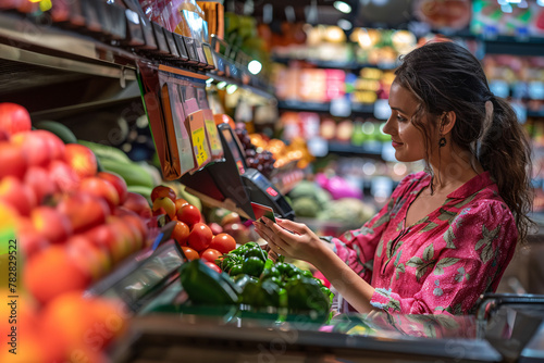 woman buying fruits and vegetables and paying with credit card photo