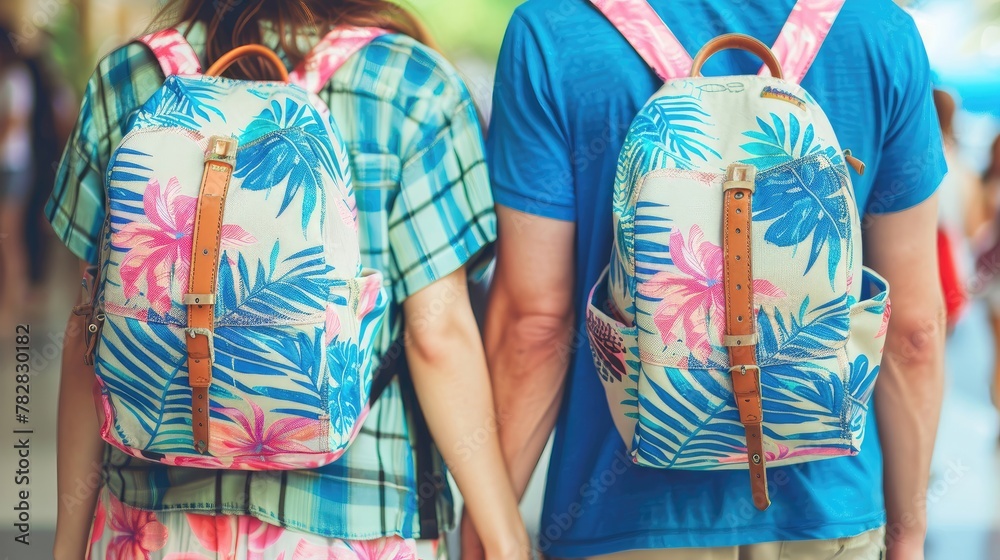Two people wearing backpacks and holding hands