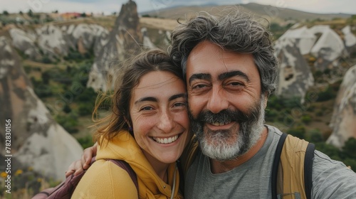 A man and woman are smiling at the camera in front of a mountain