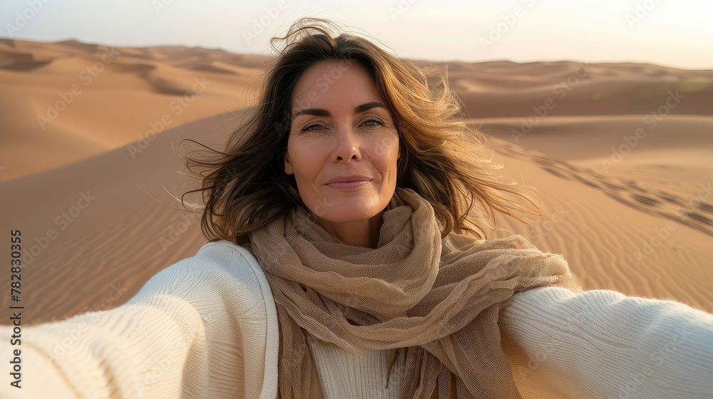 A woman with long brown hair is standing in a desert, wearing a scarf A woman with long brown hair is standing in a desert, wearing a scarf