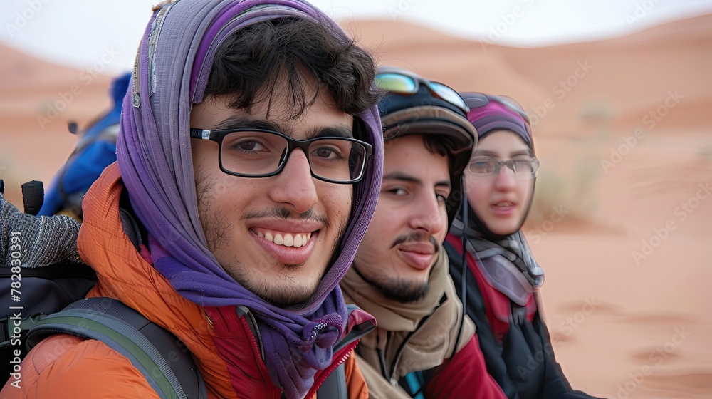 Three people are smiling and wearing glasses and scarves