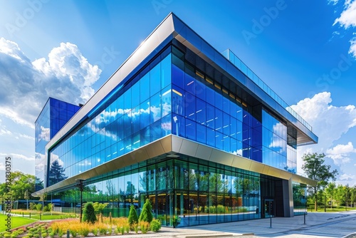 A corporate headquarters with a modern, angular design and a vibrant blue glass exterior, reflecting the sky above.