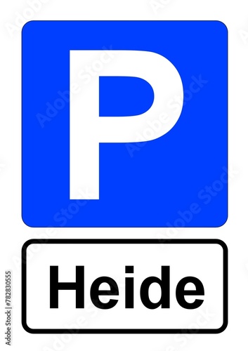Illustration eines blauen Parkplatzschildes mit der Aufschrift "Heide"  © Pixel62