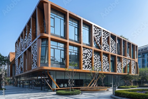 A contemporary office building with a unique facade pattern, creating a visually striking effect.