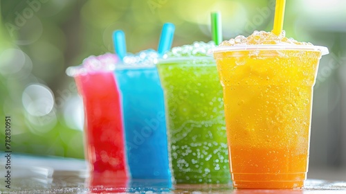Four colorful drinks in plastic cups with straws