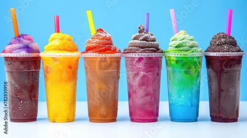 A row of colorful drinks with straws in them