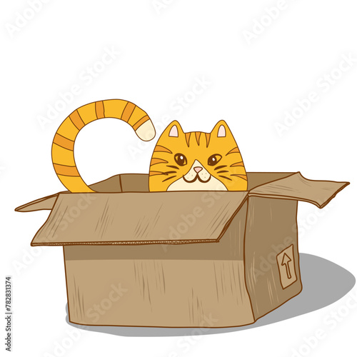 Ginger tabby cat sitting in a box. The tail and head peek out of the box. Vector illustration Striped tail and striped red muzzle of a cat with cunning eyes Watching Their Cardboard Parcel Box. Looks