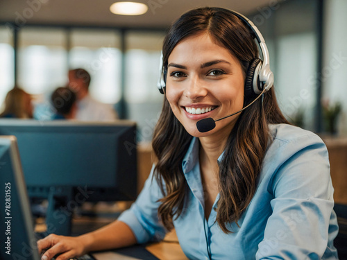 friendly and helpful customer service agent wearing a headset smiling while looking at the camera photo