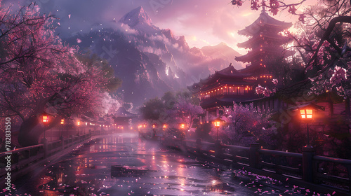 Dreamlike cherry blossoms with Asian traditional buildings   photo