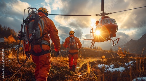 Two medical responders equipped with safety gear and climbing gear rushing to a helicopter for emergency aid, focusing on themes of saving, assistance, and optimism. photo