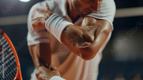 tennis elbow, male tennis player looking at sore arm muscles. Sports injuries, sprains. photo