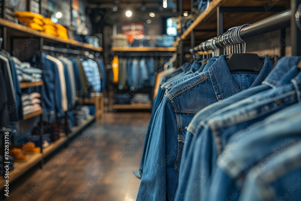 Denimfocused clothing store, modern and stylish, racks and shelves layout, space for copy