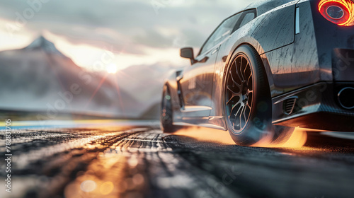 Drifting sport car on track, tire burn, mountain scene, shot from low grass angle, space for text photo