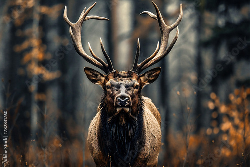 Elk in the Forest.  Generated Image.  A digital rendering of an adult male elk in the forest in nature photography. © lutjo1953