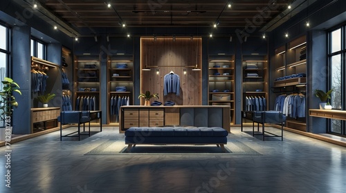 Fashionable clothing store, modern denim display, racks and shelves arrangement, copy space photo