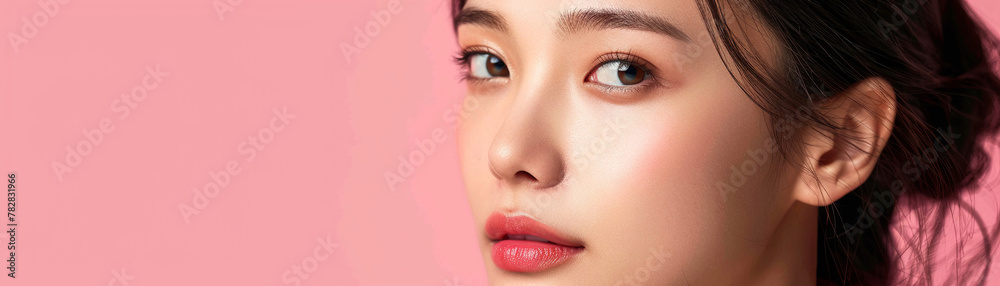 Fototapeta premium Pristine skin Asian beauty, personifying skincare elegance, on pink, center space for text