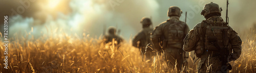 Low angle grass view, back of military special forces in warzone, room for text photo
